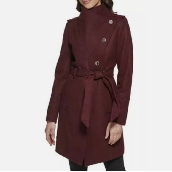 NWT GUESS Asymmetrical Belted Wrap Coat Maroon / Wine Wool Blend - Picture 5 of 14